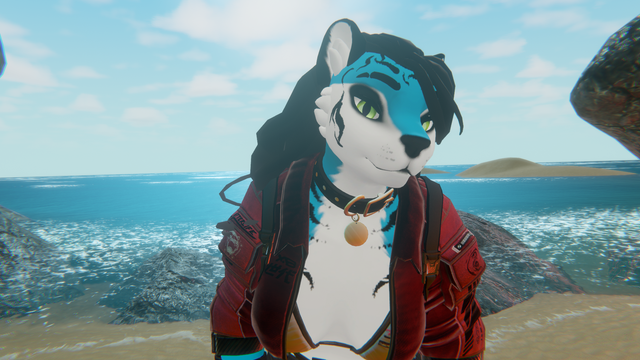 An anthro blue tigress with black stripes and hair, an open red jacket, and a bikini top stares at you with yellow green eyes on a beach in front of an ocean.