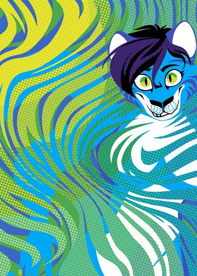 An anthropormorphic blue tigress with yellow green eyes and a predatory grin emerging out of a field of stripes